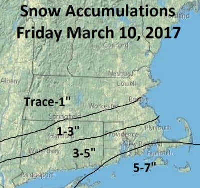 Estimated snowfall totals for Friday (Dave Goldbaum for WBUR)