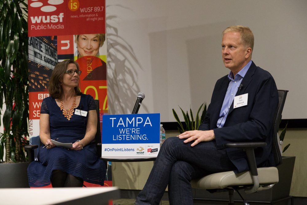 Mary Shedden, news director at member station WUSF, talks with On Point host Tom Ashbrook at the #OnPointListens event in Tampa, FL. (Stephen Glass/WUSF)
