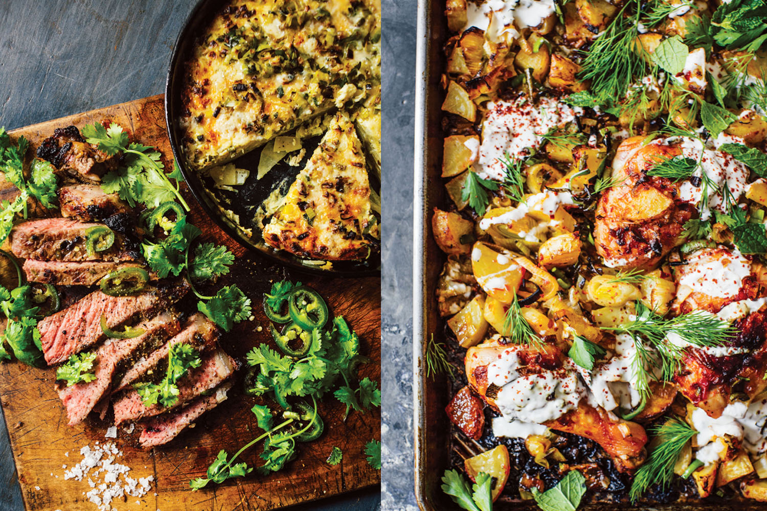 Pictures of a jalapeno-honey steak and harissa chicken from Melissa Clark's new cookbook, &quot;Dinner.&quot; (Courtesy Clarkson Potter)