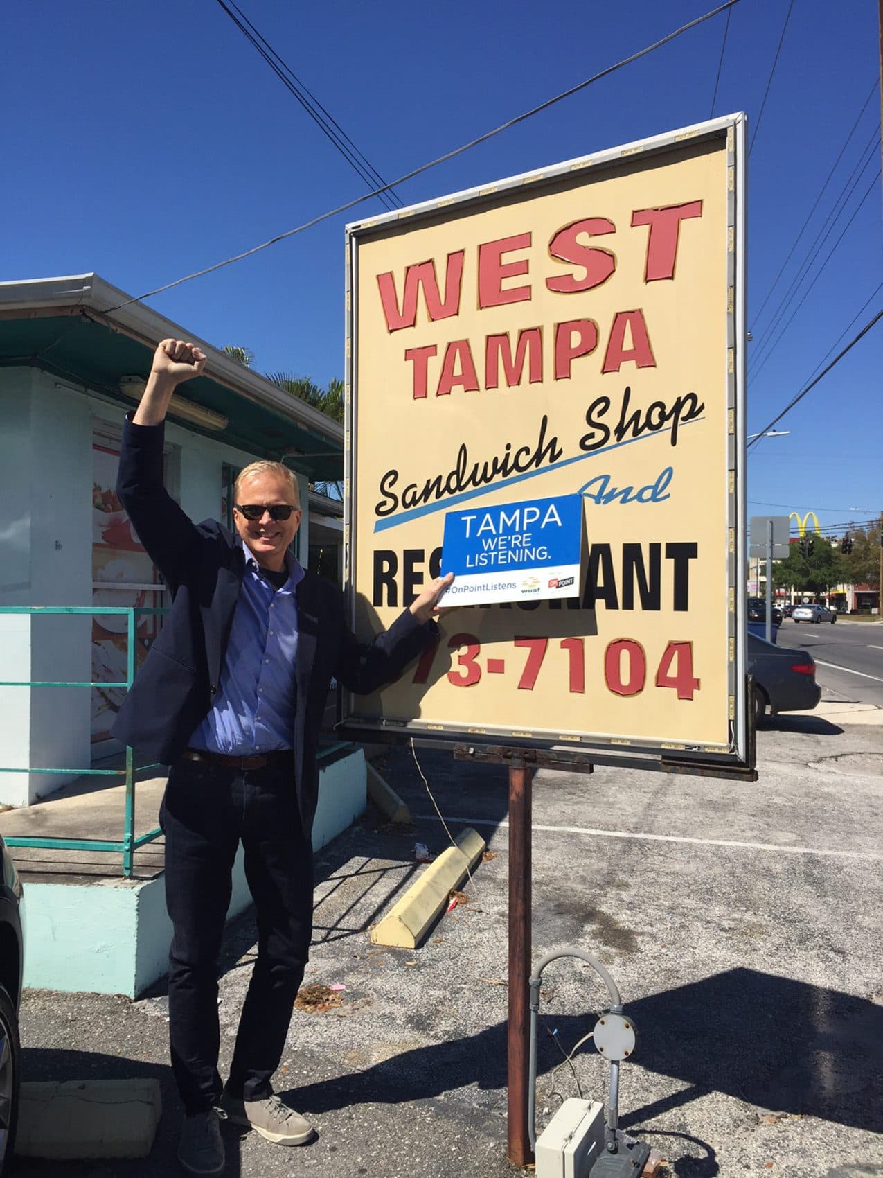 Host Tom Ashbrook in front of the West Tampa Sandwich shop in Tampa, Florida. (Taina Ralli/WBUR)