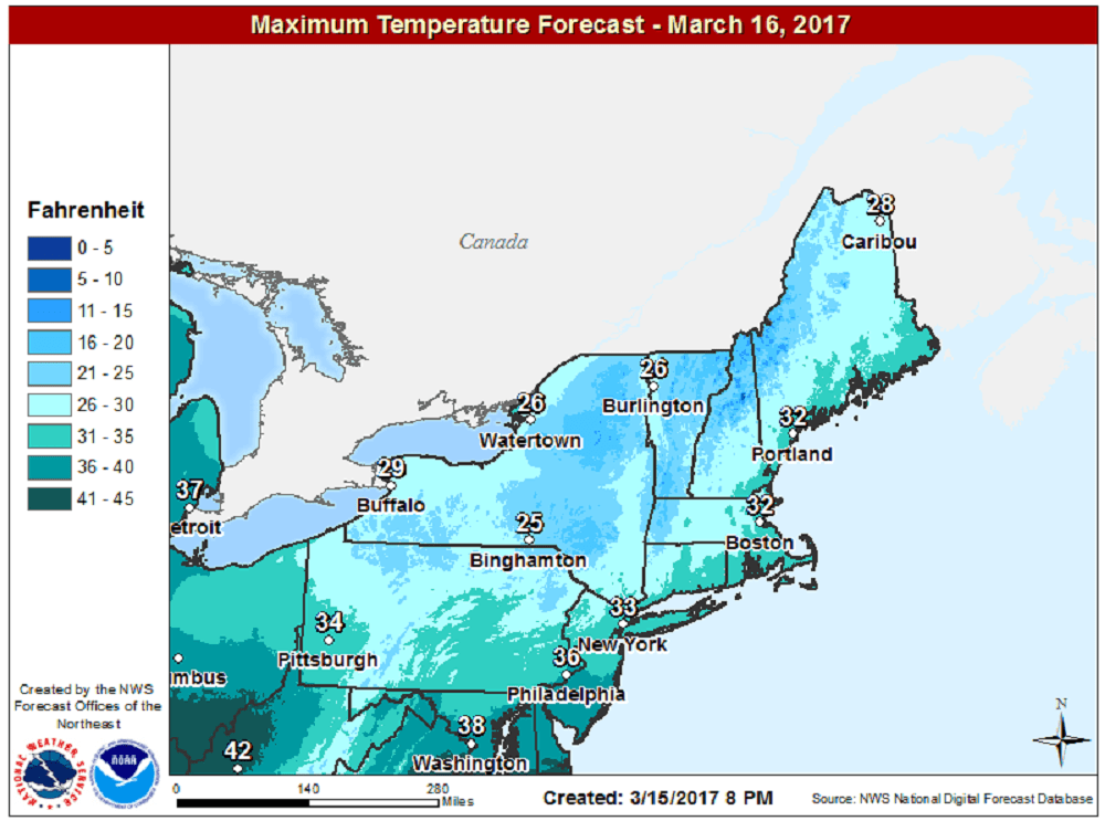 Cold air continues to remain across the northeast. (Courtesy NOAA)