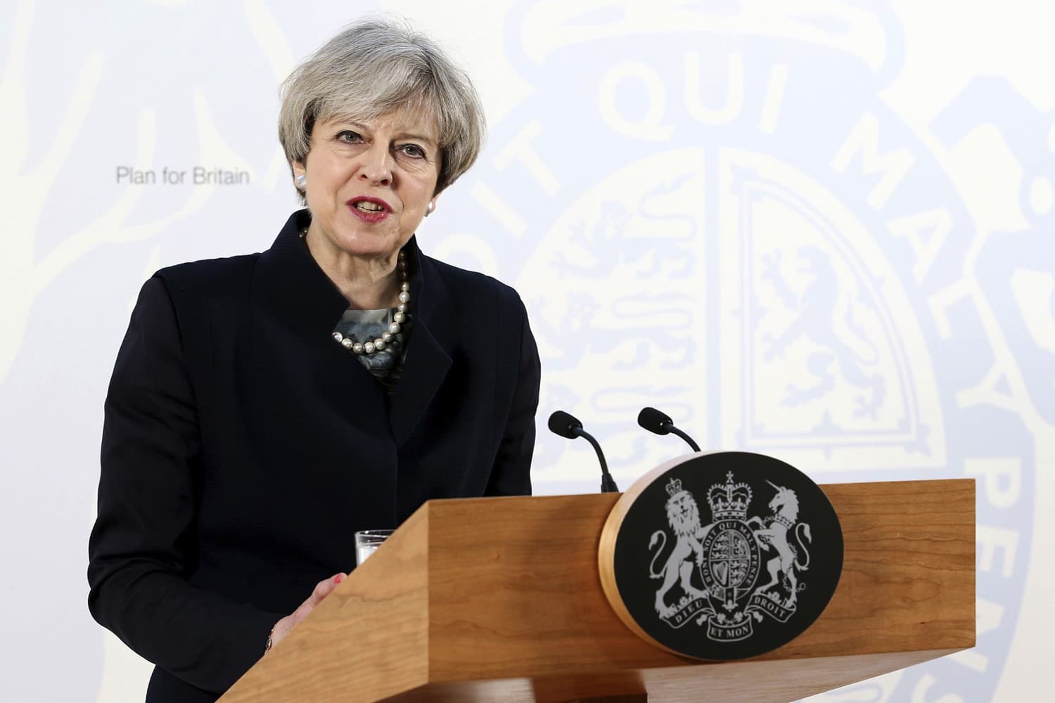 Britain's Prime Minister, Theresa May, gives a speech at the Department for International Development's office at Abercrombie House in East Kilbride Scotland. (Jane Barlow/AP)