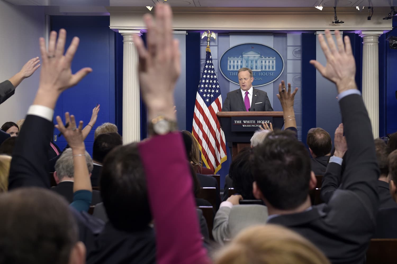 White House press secretary Sean Spicer speaks during the daily briefing at the White House in Washington, (Susan Walsh/AP)