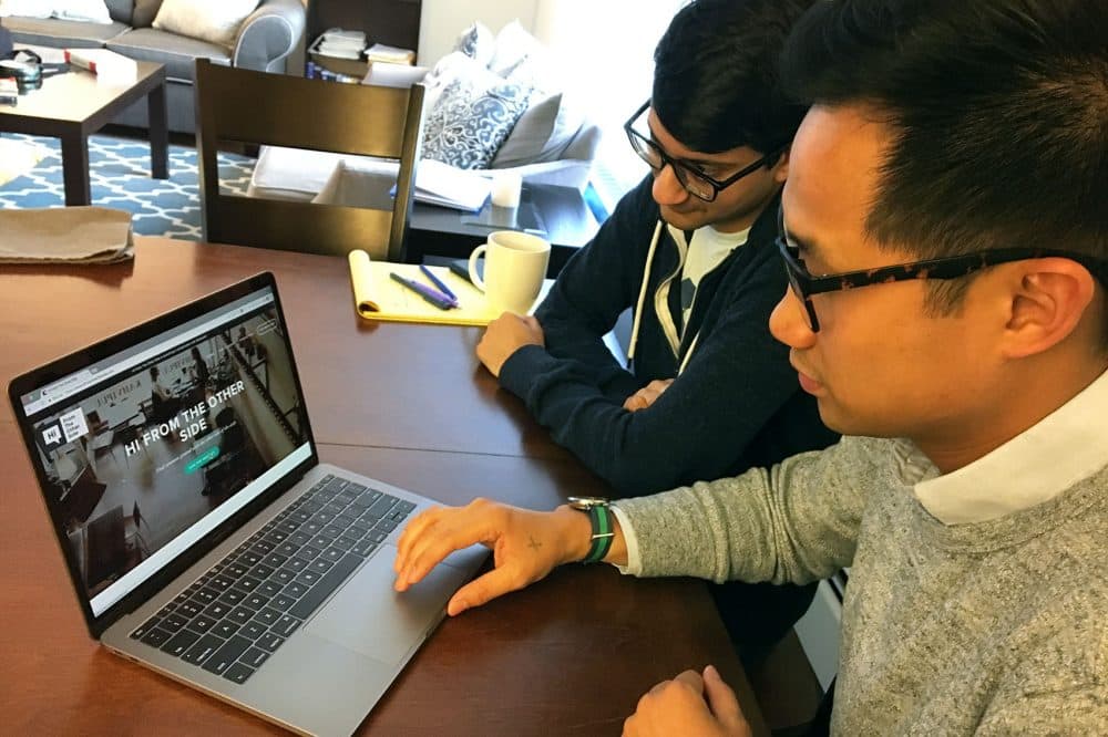 Henry Tsai (front) and Yasyf Mohamedali created Hi From The Other Side, a website that connects people with opposing political views online and then gets them to meet in real life. (Asma Khalid/WBUR)