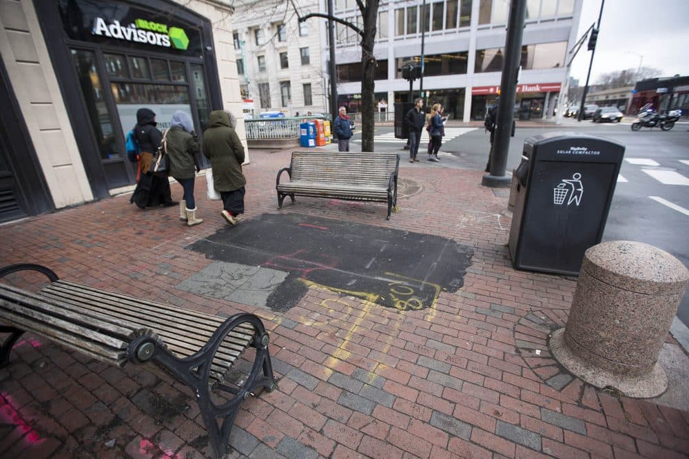 The corner of Western and Massachusetts avenues is the location of the planned placement of the &quot;Portland Loo&quot; public toilet in Central Square. (Jesse Costa/WBUR)