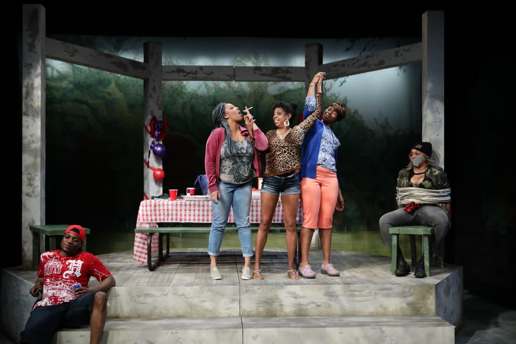 James R. Milord, Lyndsay Allyn Cox, Jackie Davis, Jasmine Rush and Ramona Lisa Alexander in "Barbecue." (Courtesy Mark S. Howard)