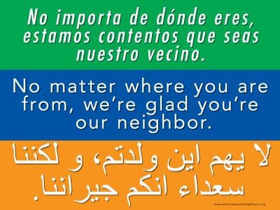 The text of one of the signs welcoming refugees and immigrants (Immanuel Mennonite Church)