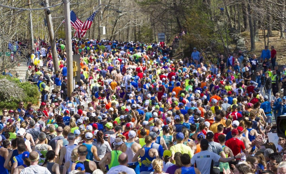 Around 30,000 runners are estimated to have participated in the 2017 Boston Marathon, beginning here in Hopkinton, Massachusetts. (Joe Difazio for WBUR)