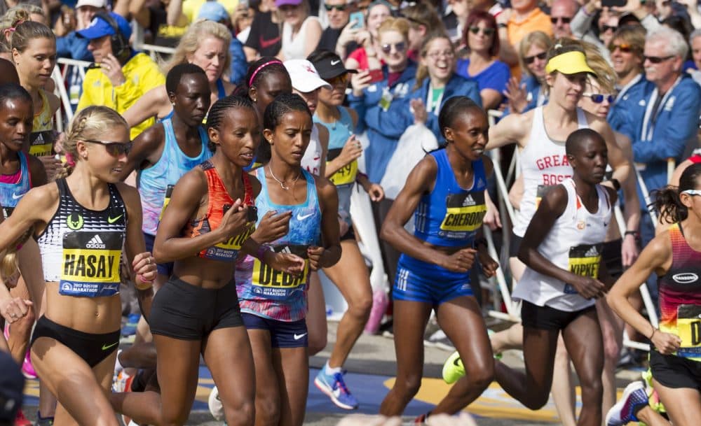 The Women’s Elite division at the start of the 2017 Boston Marathon. (Joe Difazio for WBUR)