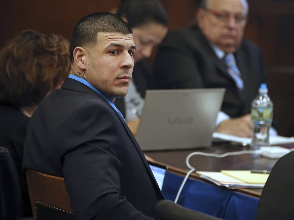 Hernandez listens to testimony during his trial at Suffolk Superior Court on Tuesday, March 28, 2017, in Boston. (Nancy Lane/The Boston Herald via AP)