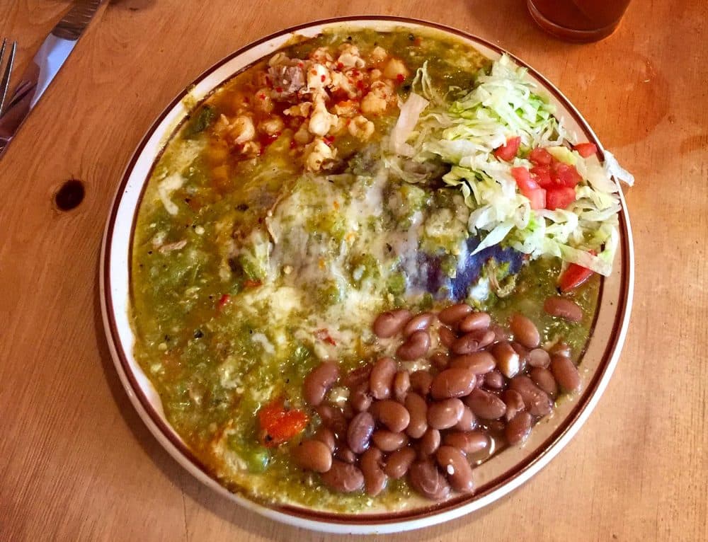 Lunch at La Choza in Santa Fe, N.M.: Green chile enchilada plate. (Kathy Gunst for Here &amp; Now)