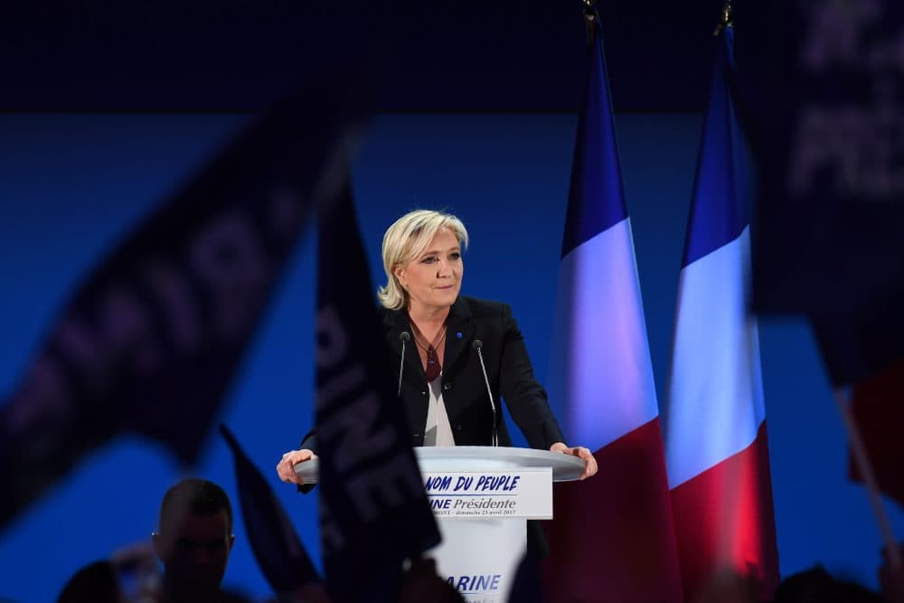 French presidential election candidate for the far-right Front National party Marine Le Pen delivers a speech in Henin-Beaumont, on April 23, 2017, after the first round of the Presidential election. (Alain Jocard/AFP/Getty Images)