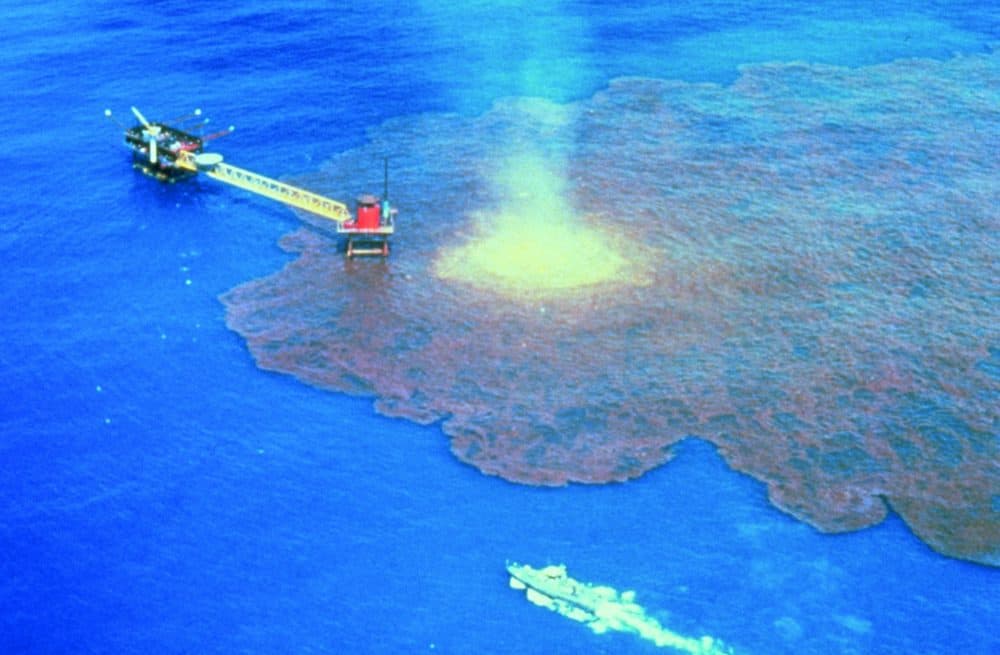 The Ixtoc I oil spill in 1979, caused by a blown-out oil well. The well ran wild for 9 months, and spilled over 140 million gallons of oil into the Bay of Campeche in the Gulf of Mexico. (Collection of Doug Helton, NOAA/NOS/ORR)