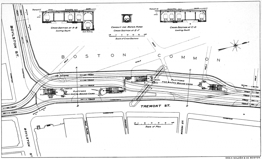 On the left side of this 1898 map of Boylston Station, see the tight turn the Green Line still makes today as it turns from Boylston onto Tremont. (Courtesy of Wikimedia Commons)