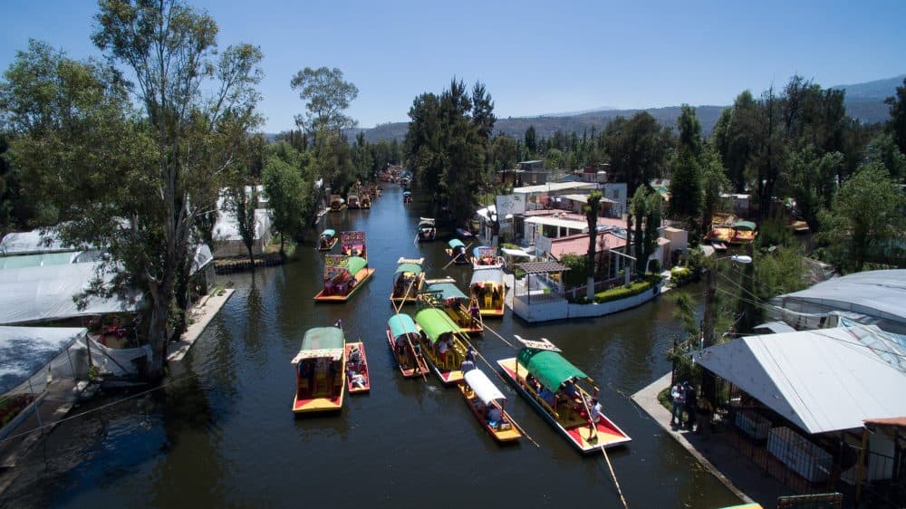 An aerial view taken with a drone of &quot;trajineras,&quot; traditional flat-bottomed river boats, at Xochimilco natural reserve in Mexico City on April 1, 2016. (Mario Vazquez/AFP/Getty Images)