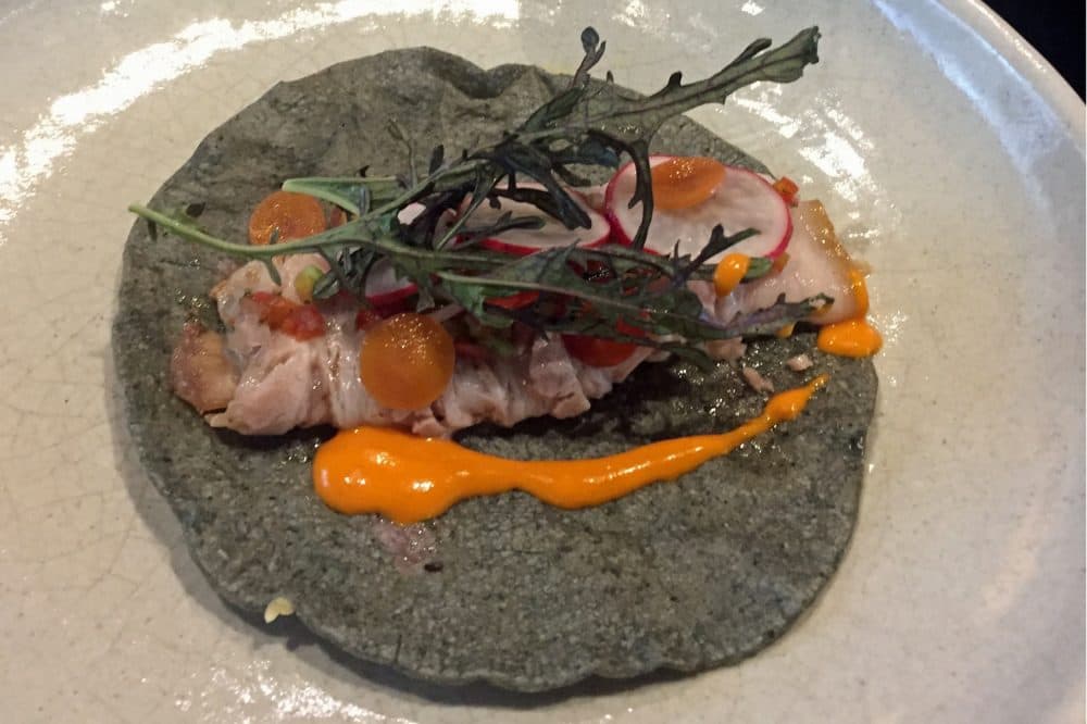 Pork belly on a blue corn taco, at Pujol in Mexico City. (Jeremy Hobson/Here &amp; Now)