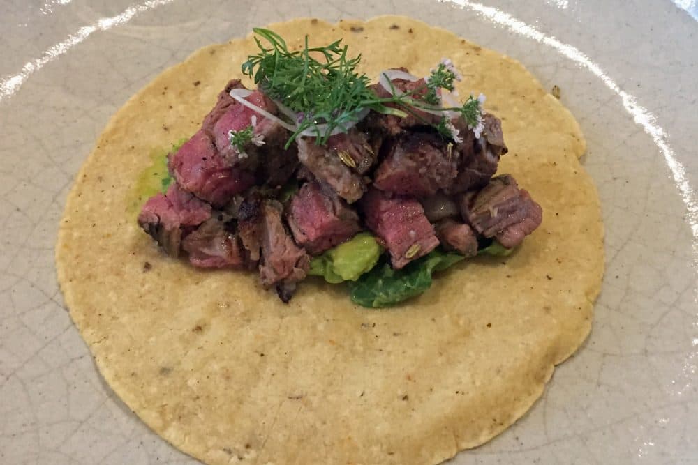 Wagyu beef taco, at Pujol in Mexico City. (Jeremy Hobson/Here &amp; Now)