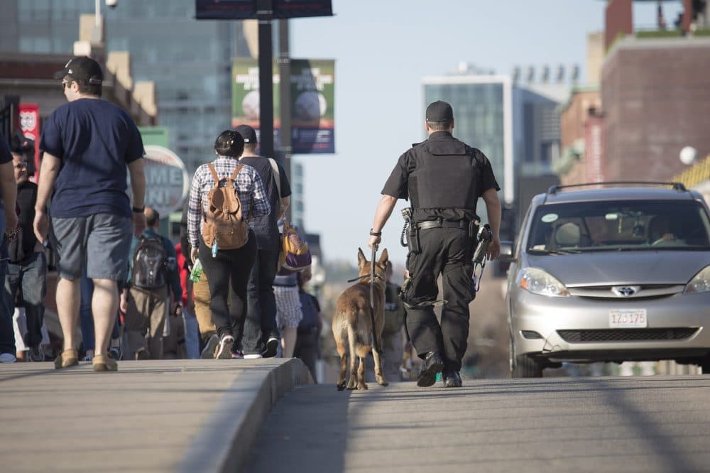 A police officer with a K9 dog walks down Brookline Avenue in Boston ahead of the race. (Jesse Costa/WBUR)