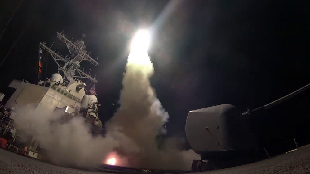 Tom Keane: "How many bombs does it take to get to 50 percent?" Pictured: The guided-missile destroyer USS Porter (DDG 78) launches a tomahawk land attack missile in the Mediterranean Sea Friday, April 7, 2017. (U.S. Navy/AP)