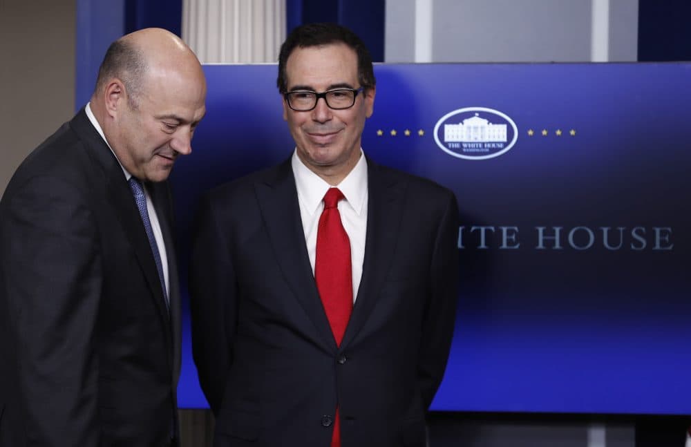 Treasury Secretary Steven Mnuchin, right, and National Economic Director Gary Cohn, arrive in the briefing room of the White House in Washington, Wednesday, April 26, 2017. (Carolyn Kaster/AP Photo)