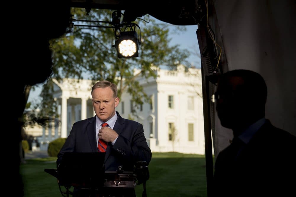 Tom Keane: "Does Spicer survive in the soon-to-come shakeup of White House staff?" Pictured: White House press secretary Sean Spicer prepares to go on cable news Tuesday, April 11, 2017 to apologize for making an "insensitive" reference to the Holocaust. (Andrew Harnik/AP)