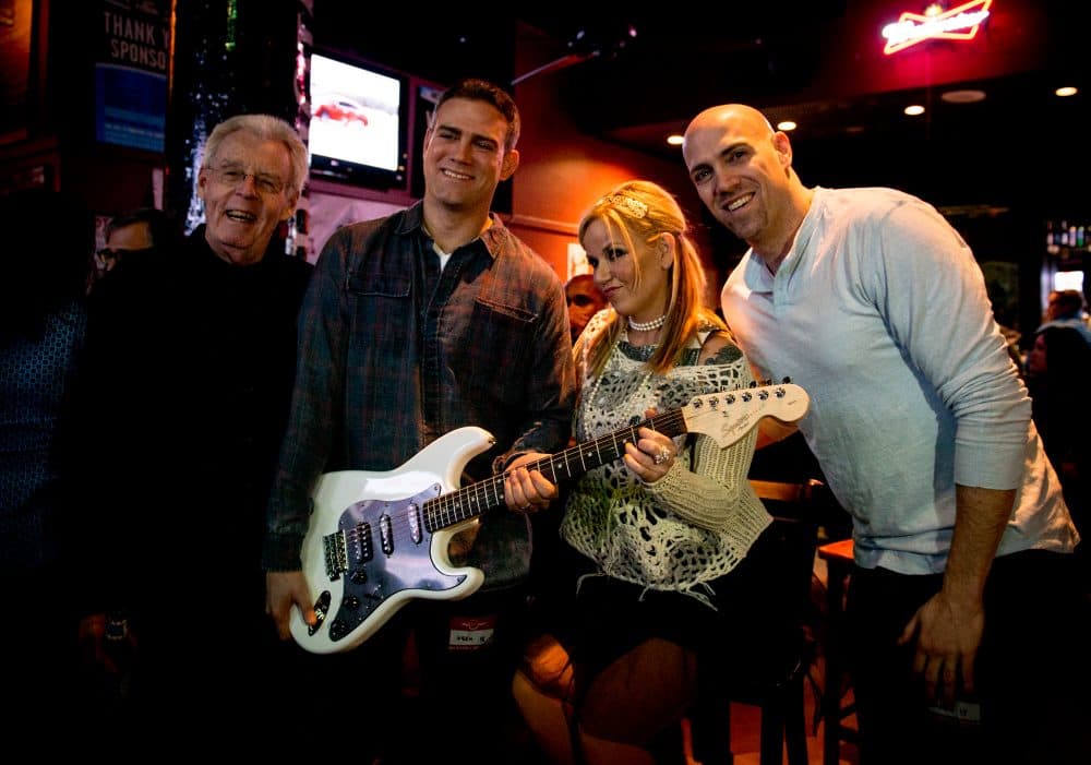 From left to right, Peter Gammons, Theo Epstein, Kay Hanley and Paul Epstein at the 2016 Boston Hot Stove Cool Music. (Courtesy Steve Saleeba)
