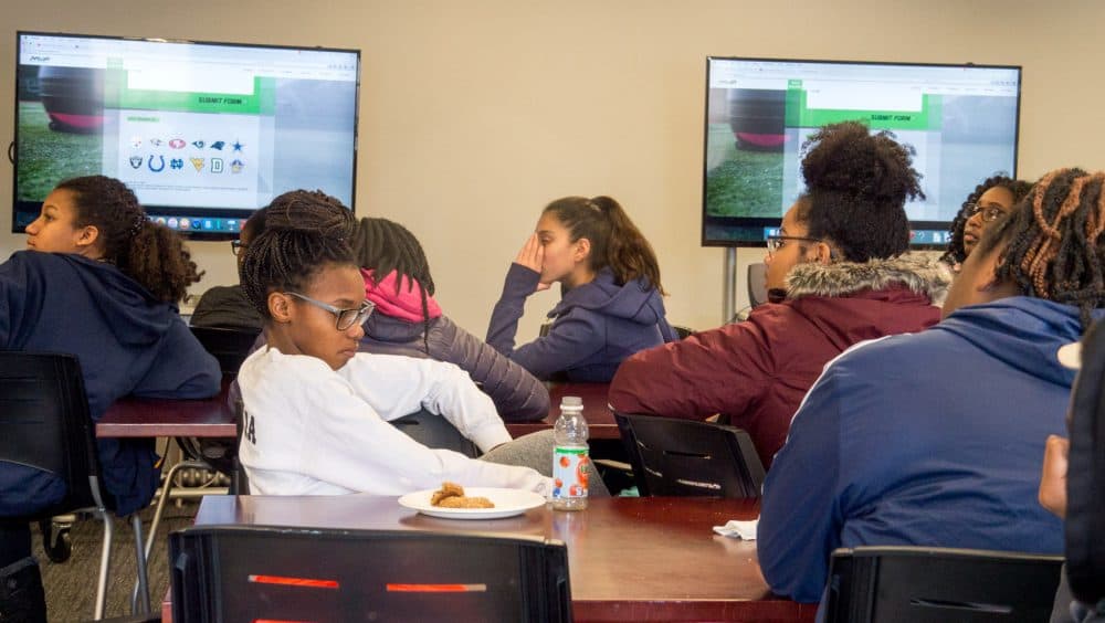 Students at the end of a Calculus Project session on campus at Boston University. (Max Larkin/WBUR)