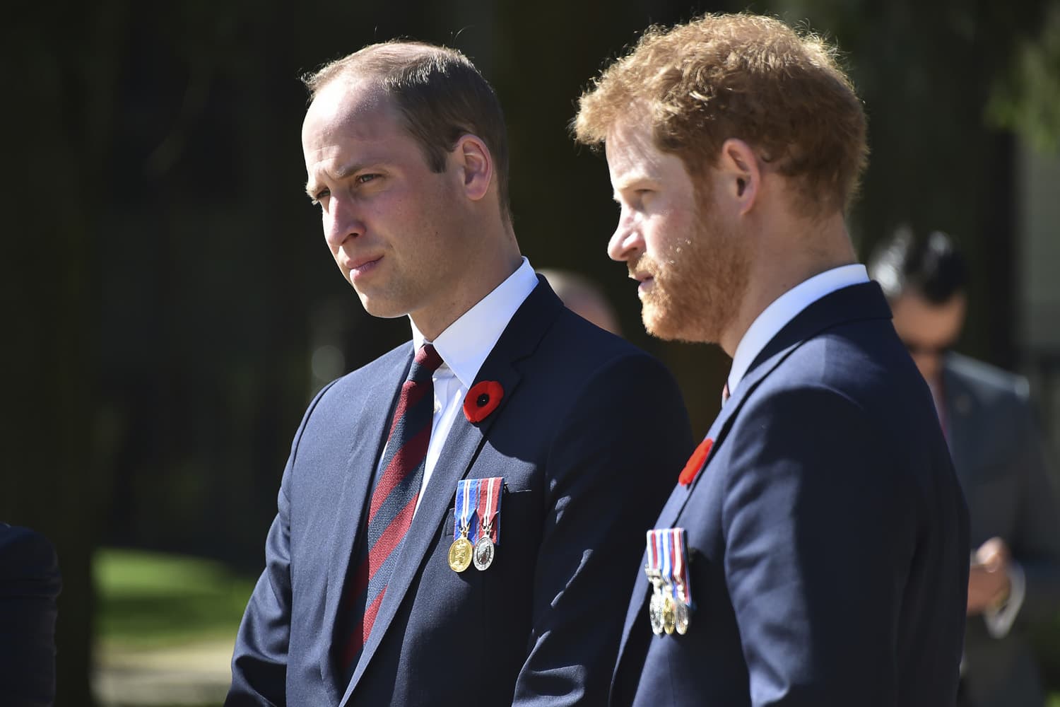 Britain's Prince William, Duke of Cambridge, left, and Britain's Prince Harry arrive at the Canadian National Vimy Memorial in Vimy, near Arras, northern France. (Philippe Huguen/AP)