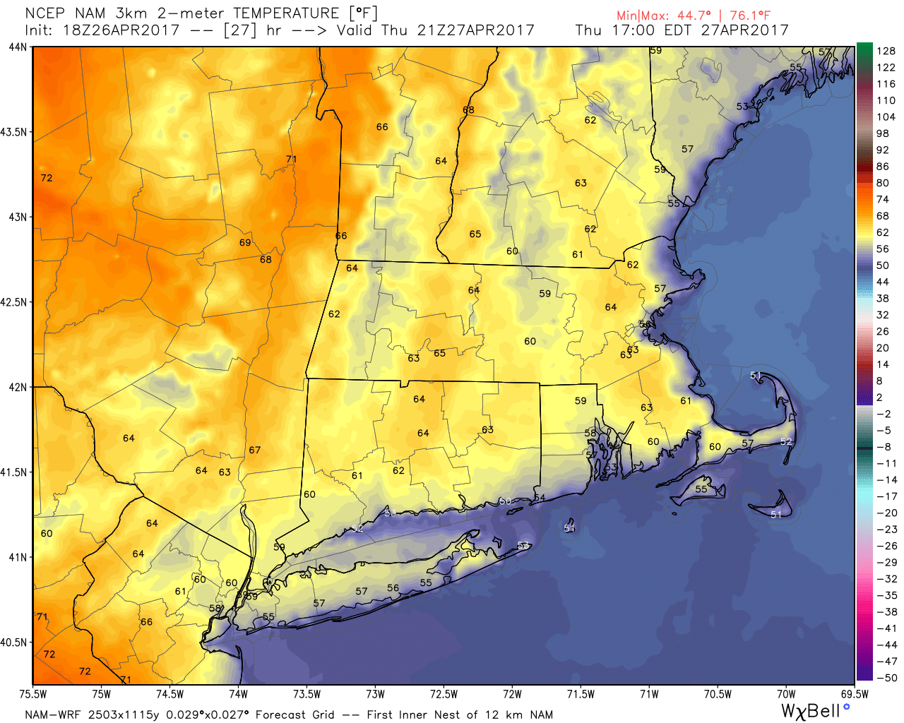 Temperatures will be coolest along the coast this afternoon and evening with a sea breeze. (Courtesy WeatherBell)