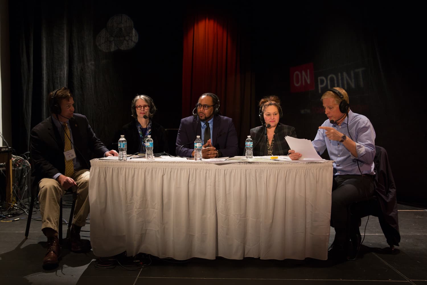 Van Mobley, Martha Barry, James Causey and Toni Rivera-Joachin talk with host Tom Ashbrook at the #OnPointListens event in Milwaukee, WI. (WPR/Tom Krueger, 2017)