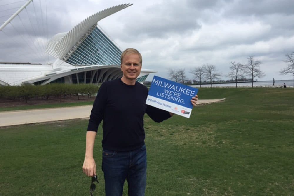 On Point host Tom Ashbrook, on location at the Milwaukee Art Museum for the fourth stop on our National Listening Tour. (Tania Ralli/WBUR)