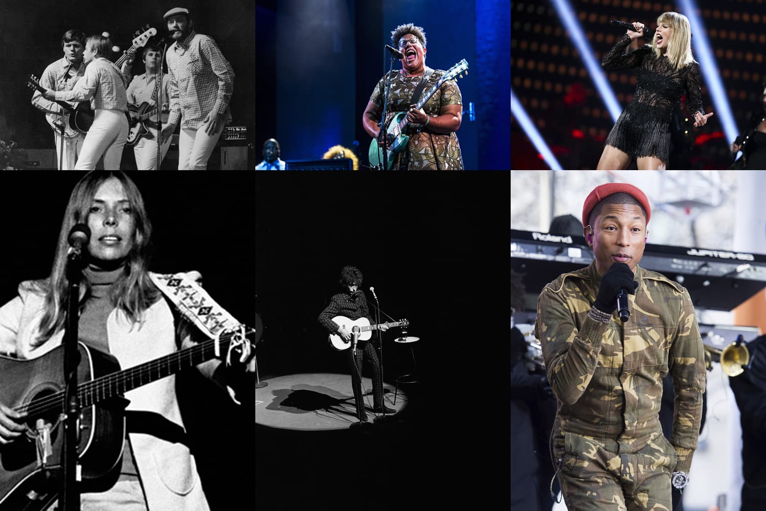 (Clockwise From Top Left) The Beach Boys, Brittany Howard of the Alabama Shakes, Taylor Swift, Pharrell Williams, Bob Dylan and Joni Mitchell in various performances throughout their respective careers. (AP/WikiCommons)