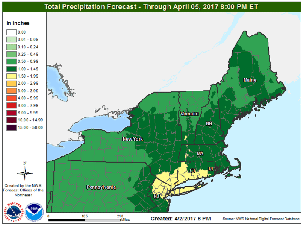 Rain will return Tuesday after a sunny and pleasant day on Monday. (Courtesy NOAA)