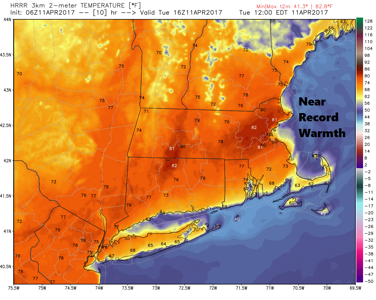 Summer warmth this afternoon may break records in several locations. (WeatherBell)