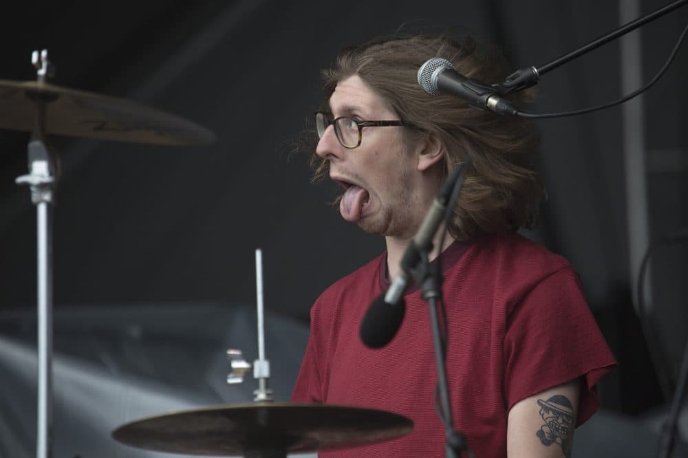 Drew McDonald, of Boston area band Vundabar, on drums at Boston Calling. (Jesse Costa/WBUR)