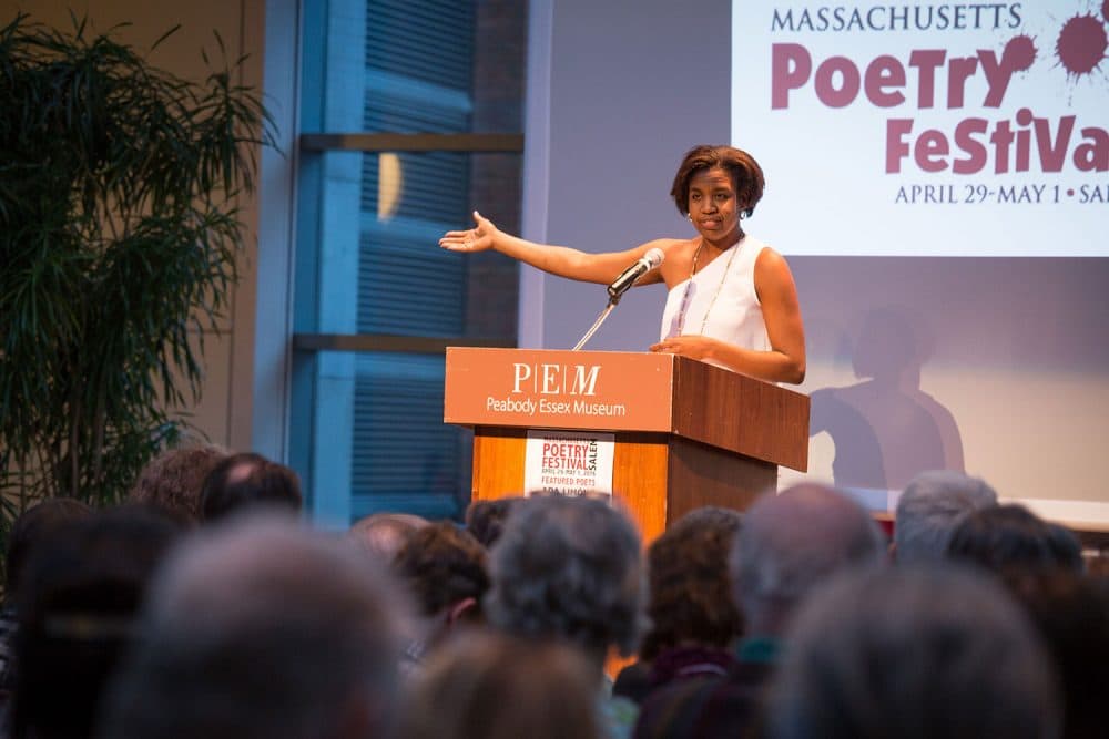 Massachusetts Poetry Festival Executive Director January Gill O’Neil speaks at a previous year's event. (Courtesy Massachusetts Poetry Festival.)