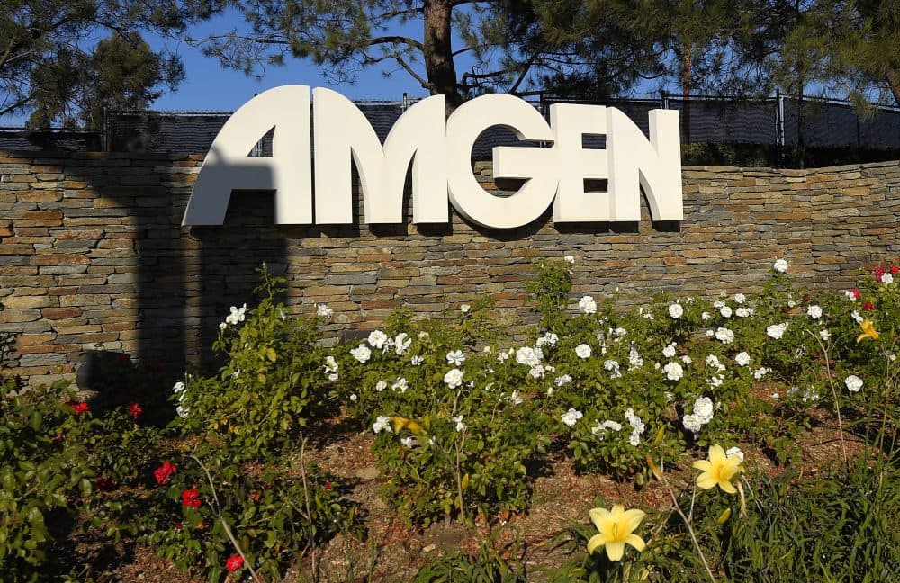 This Nov. 9, 2014, file photo, shows signage outside the Amgen headquarters in Thousand Oaks, Calif. (Mark J. Terrill/AP)