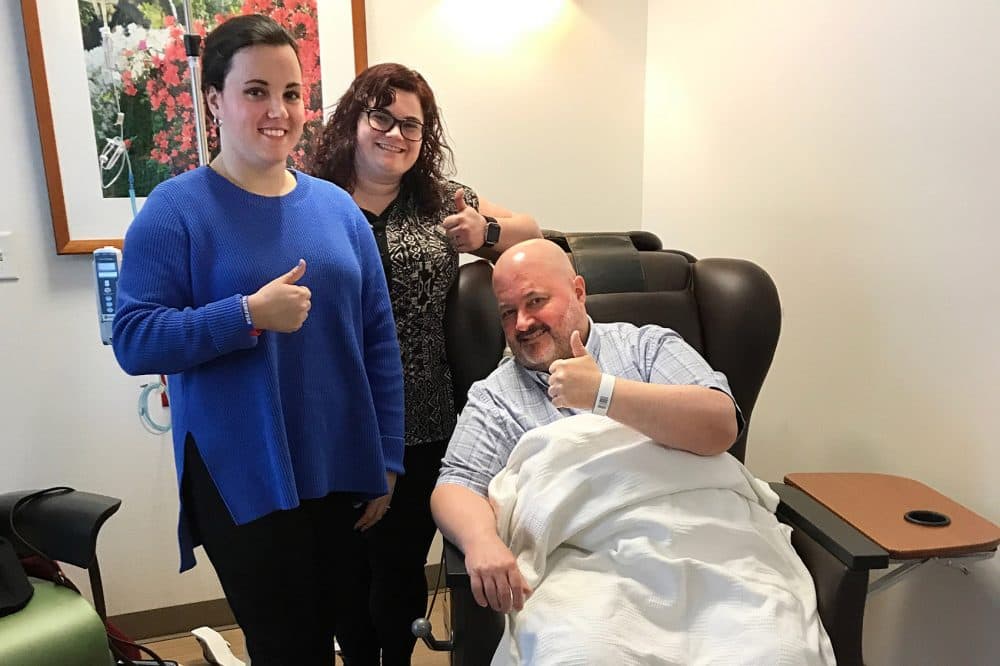 Kelly Best, left, and Niki Ilse with Sean Bunn at the chemotherapy lab at Duke Cancer Center in March. (Courtesy Sean Bunn)