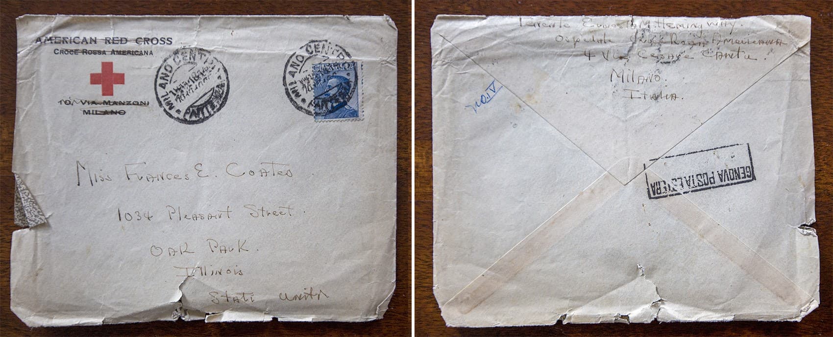 Front and rear of an envelope addressed to Frances Coates from Ernest Hemingway in 1918. (Jesse Costa/WBUR)