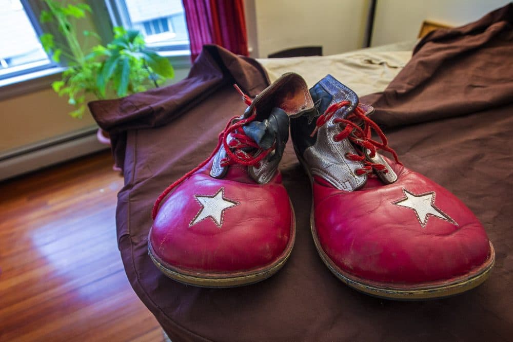 The clown shoes Peter Bufano wore during his tenure as a clown with the Ringling Bros. and Barnum & Bailey Circus. (Jesse Costa/WBUR)