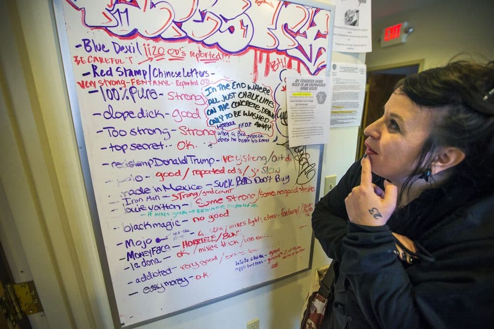 In western Massachusetts, where each bag sold as heroin is stamped with a name, users track the effects and the number of overdoses believed to be caused by each “brand.” Users record their experiences on white boards at Tapestry needle exchange programs in Northampton and here, in Holyoke. (Jesse Costa/WBUR)