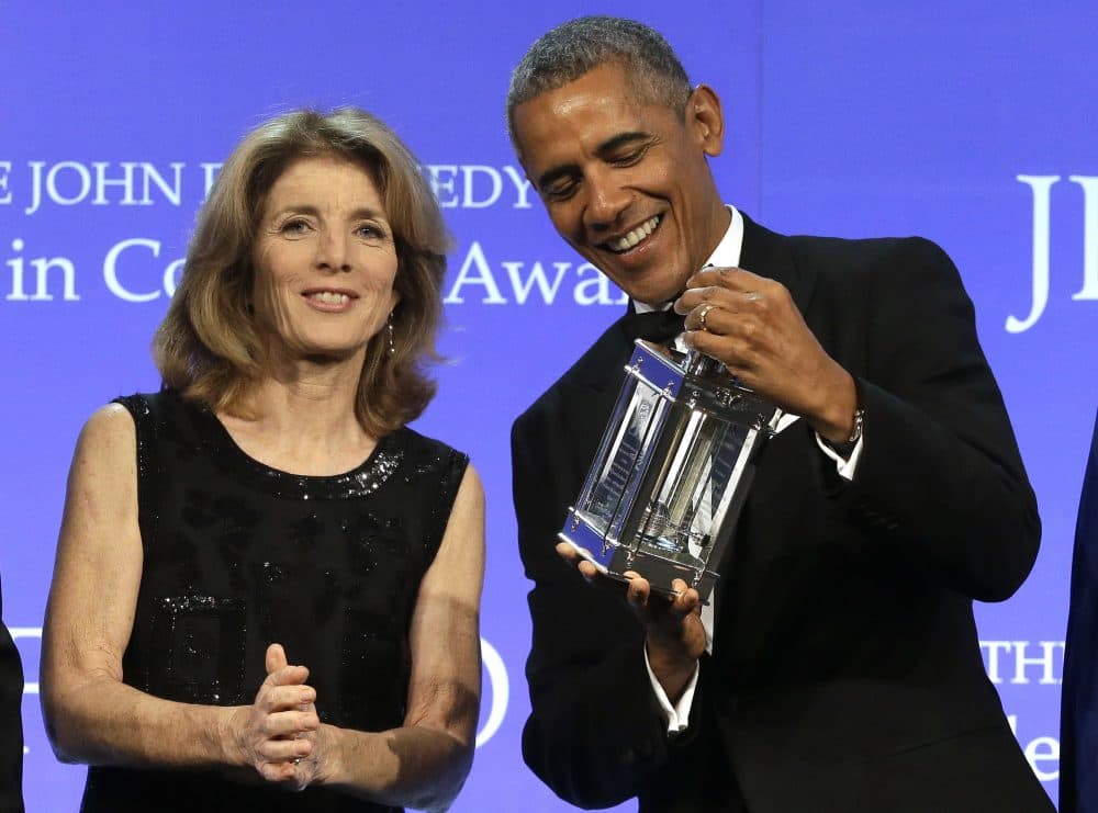Former President Obama is presented with the 2017 Profile in Courage award by former U.S. Ambassador to Japan Caroline Kennedy. (Steven Senne/AP)