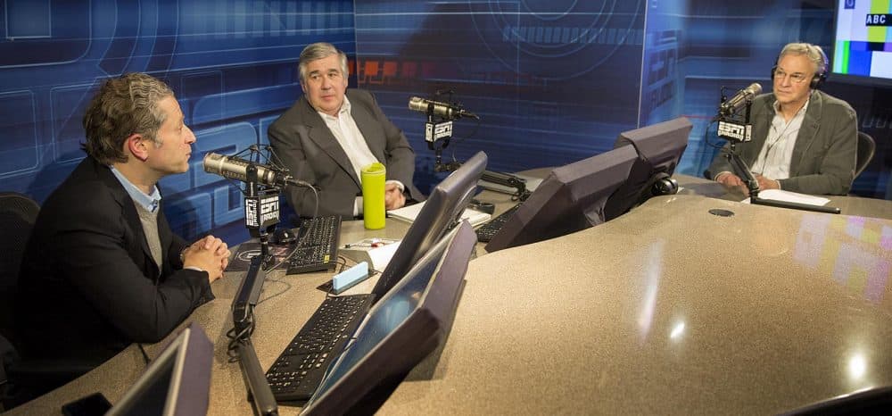 Bob Ley, Jeremy Schaap and Bill Littlefield tape this week's &quot;3 Stories You Should Know&quot; at ESPN in Bristol, Conn. (Robin Lubbock/WBUR)