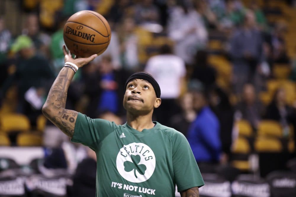Boston Celtics guard Isaiah Thomas practices prior to the first quarter of a second-round NBA playoff series basketball game in Boston on May 2. (Charles Krupa/AP)