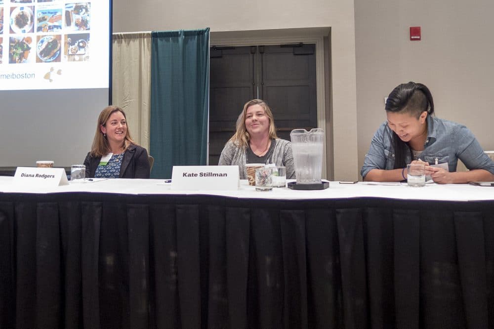 Diana Rogers, Kate Stillman and Irene Li lead a panel about social media's value in the meat and food industries. (Andrea Shea/WBUR)