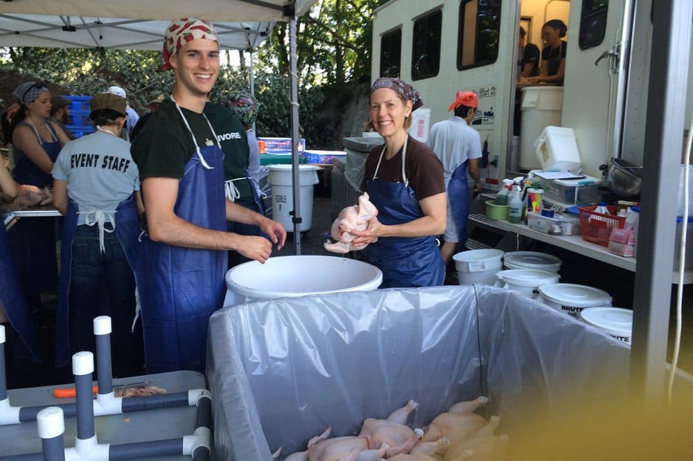Jennifer Hashley, right, at Poultry Processing Day in Concord in 2014 using the Mobile Poultry Processing Unit with volunteers.(Courtesy Jennifer Hashley)