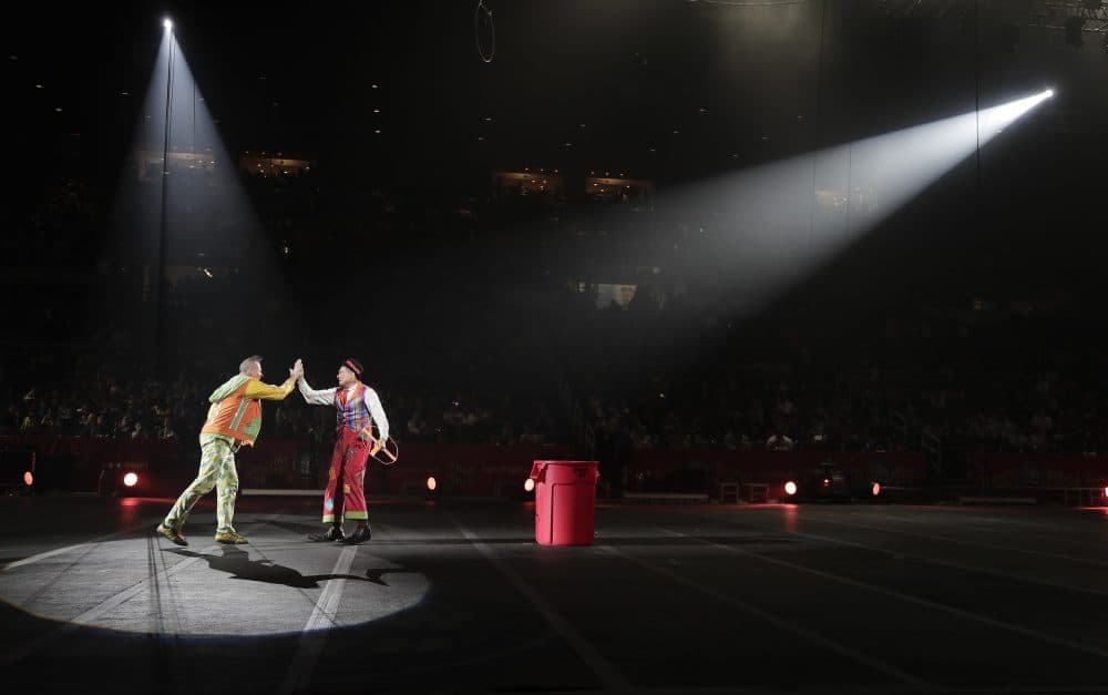 Ringling Bros. clowns Sandor Eke, left, and Ivan Skinfill perform during the intermission on May 6. (Julie Jacobson/AP)