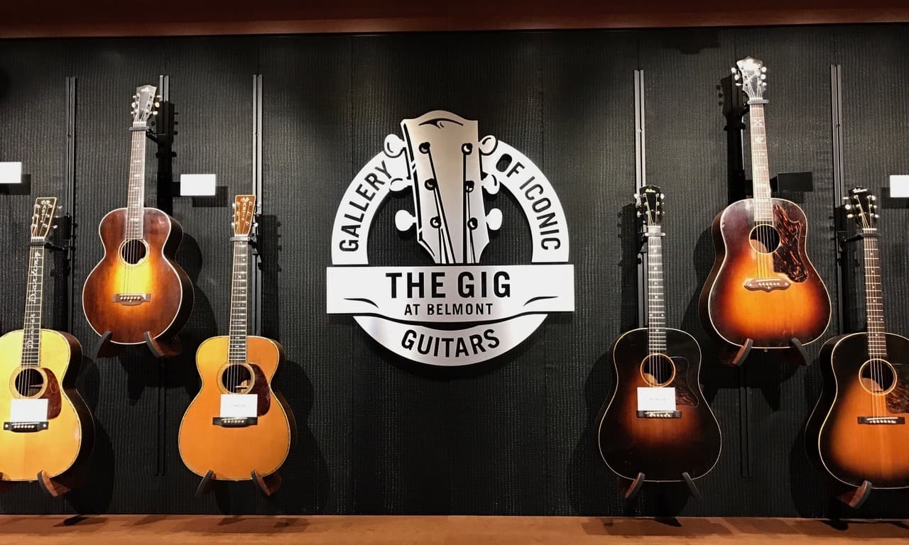 One hundred of the 500 guitars donated to Belmont University in Nashville will be on display in the Gallery of Iconic Guitars, or "GIG." (Amy Eskind/WPLN)