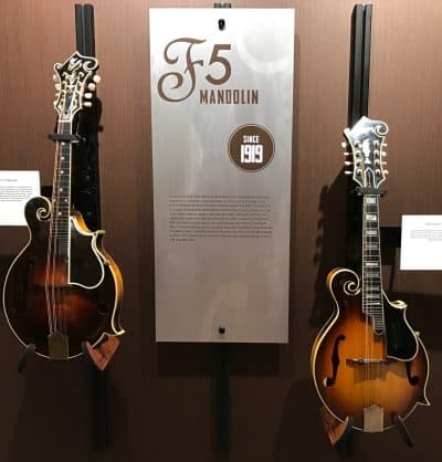 Gibson F-5 mandolins, on display at Belmont University. (Amy Eskind/WPLN)