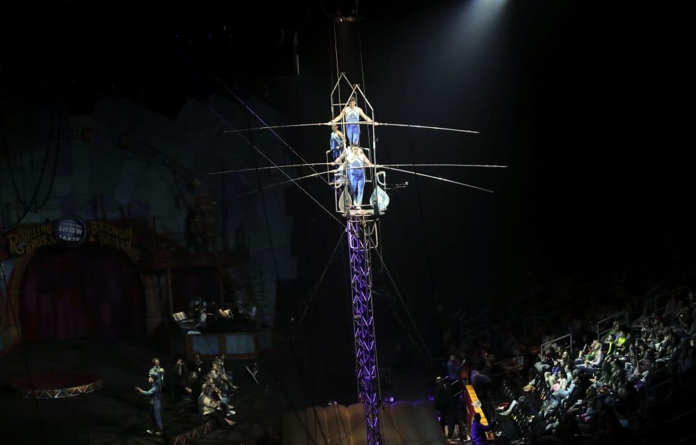 The Danguir high wire troupe performs during a show on May 7. (Julie Jacobson/AP)